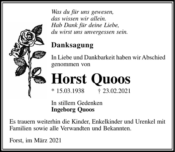 Danksagung Horst Quoos