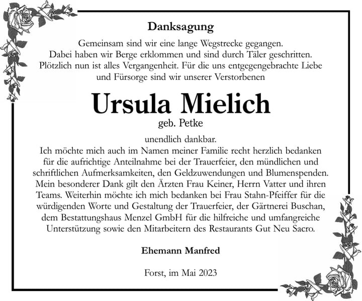 Danksagung Ursula Mielich, geb. Petke