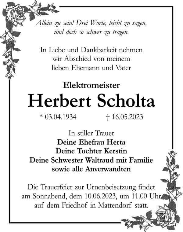 Traueranzeige Herbert Scholta