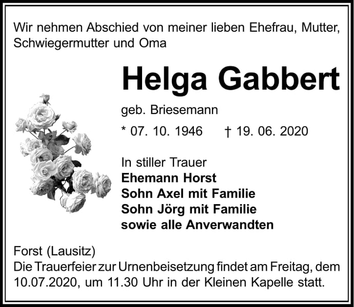 Traueranzeige Helga Gabbert, geb. Briesemann