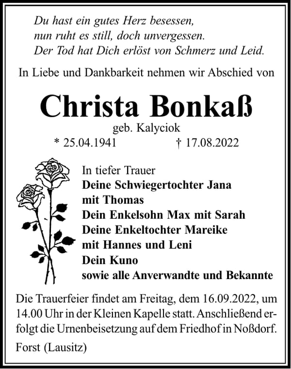 Traueranzeige Christa Bonkaß, geb. Kalyciok
