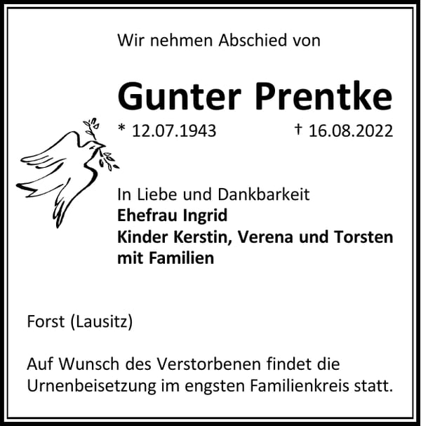Traueranzeige Gunter Prentke