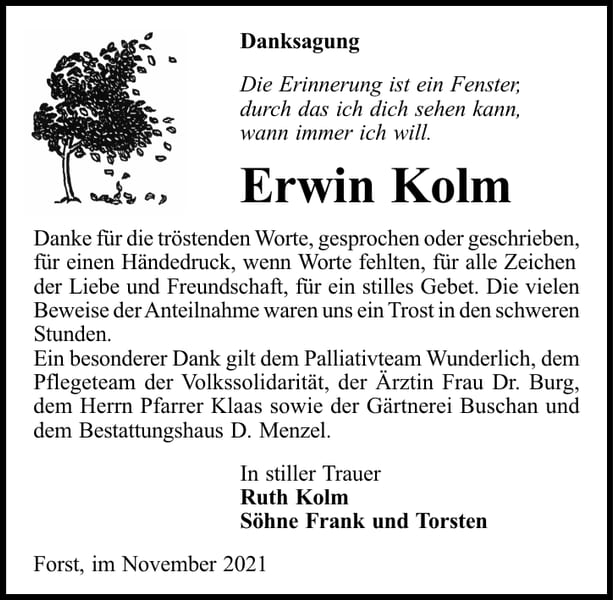 Danksagung Erwin Kolm