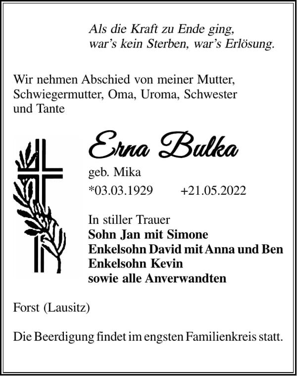 Traueranzeige Erna Bulka, geb. Mika