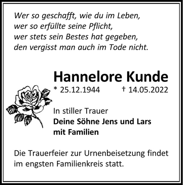 Traueranzeige Hannelore Kunde