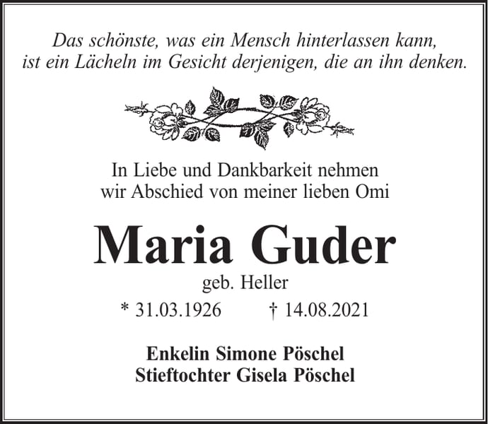 Traueranzeige Maria Guder, geb. Heller