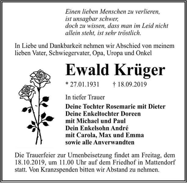 Traueranzeige Ewald Krüger
