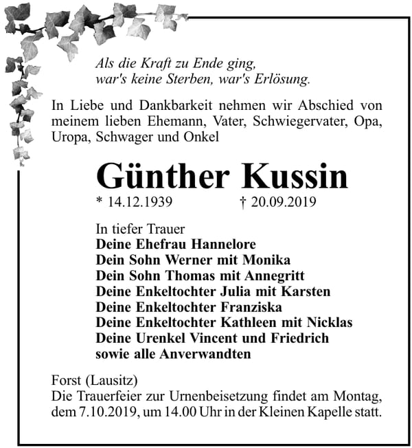 Traueranzeige Günther Kussin