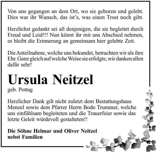 Danksagung Ursula Neitzel, geb. Pottag