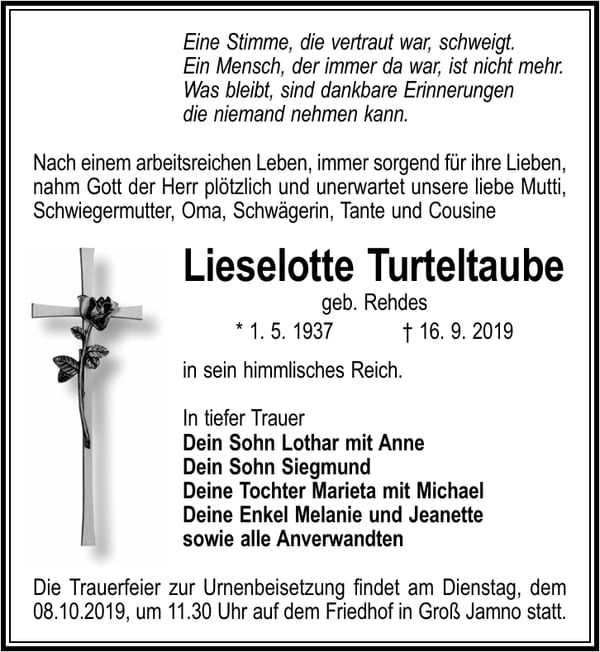 Traueranzeige Lieselotte Turteltaube, geb. Rehdes