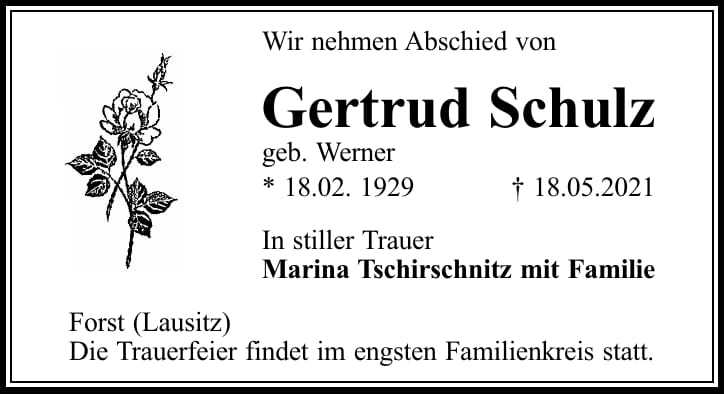 Traueranzeige Gertrud Schulz, geb. Werner