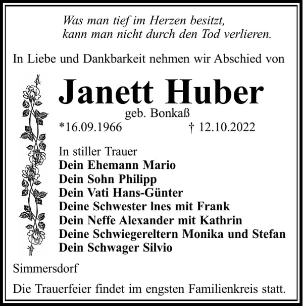 Traueranzeige Janett Huber, geb. Bonkaß