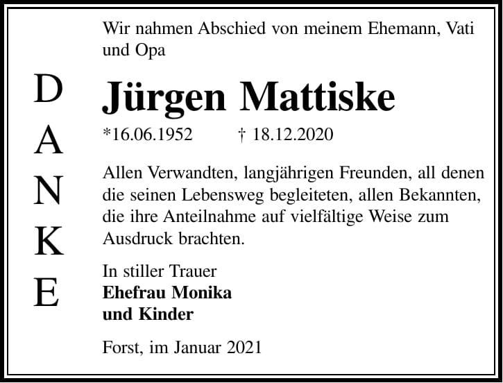 Danksagung Jürgen Mattiske