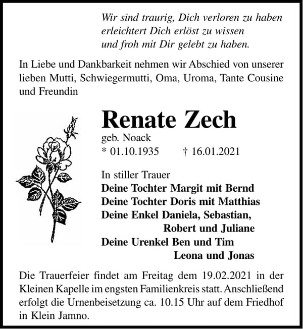 Traueranzeige Renate Zech, geb. Noack