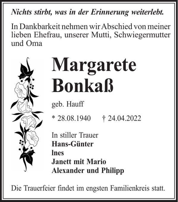 Traueranzeige Margarete Bonkaß, geb. Hauff
