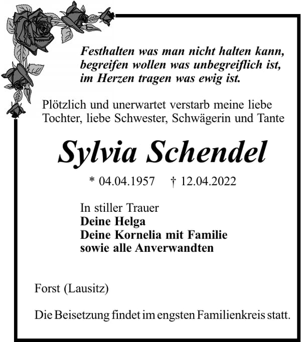 Traueranzeige Sylvia Schendel