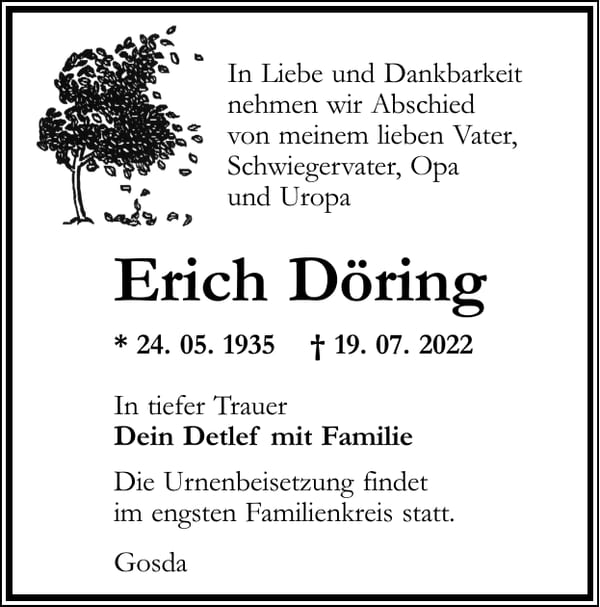Traueranzeige Erich Döring