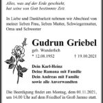 Traueranzeige Gudrun Griebel, geb. Wunderlich