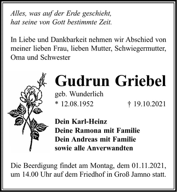 Traueranzeige Gudrun Griebel, geb. Wunderlich