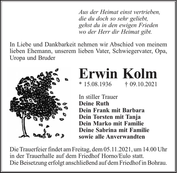 Traueranzeige Erwin Kolm