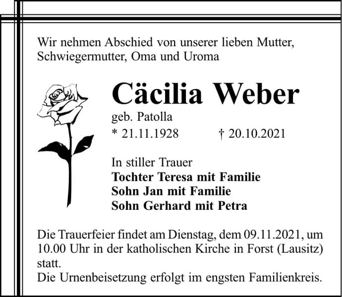 Traueranzeige Cäcilia Weber, geb. Patolla