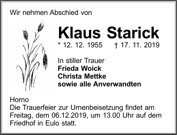 Traueranzeige Klaus Starick