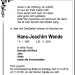 Traueranzeige Hans-Joachim Wende