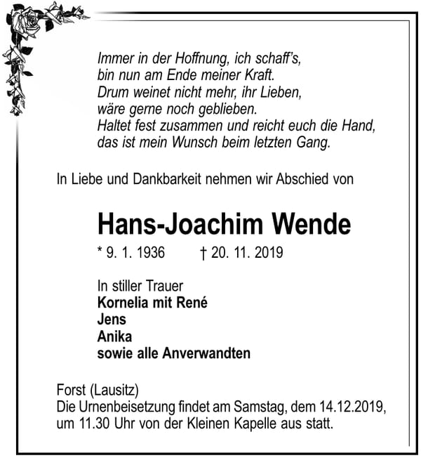 Traueranzeige Hans-Joachim Wende