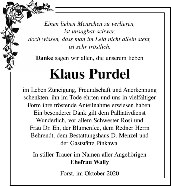 Danksagung Klaus Purdel