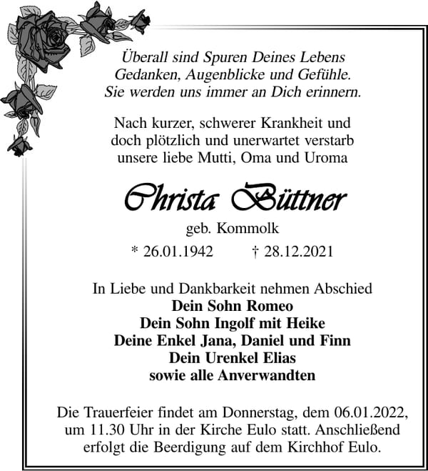 Traueranzeige Christa Büttner, geb. Kommolk