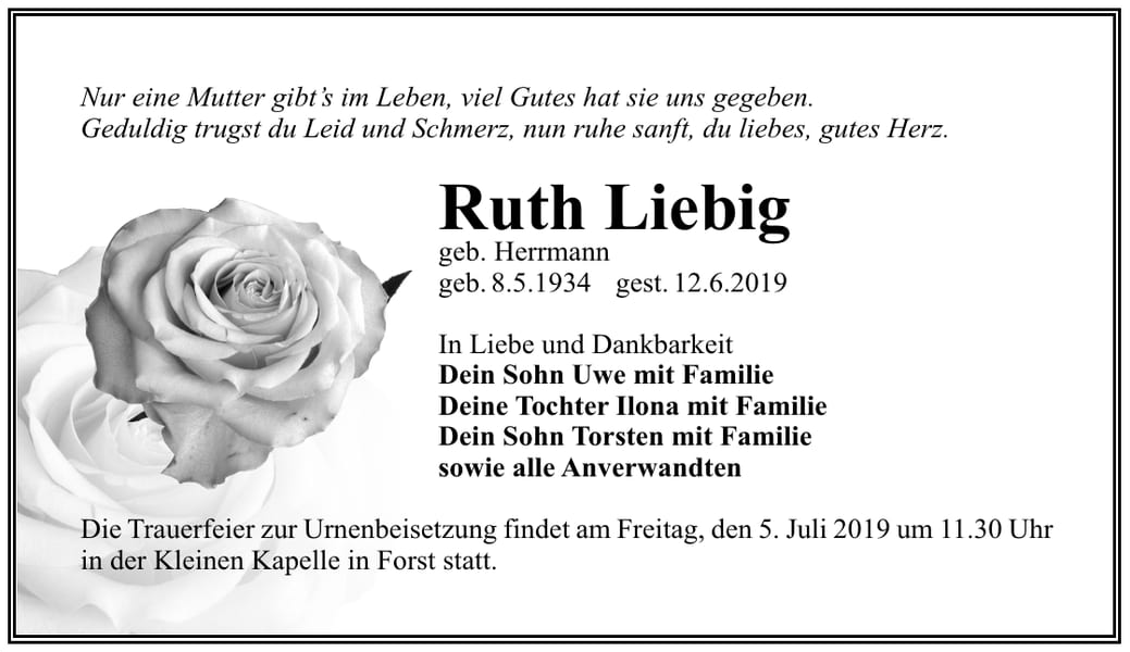 Traueranzeige Ruth Liebig, geb. Herrmann