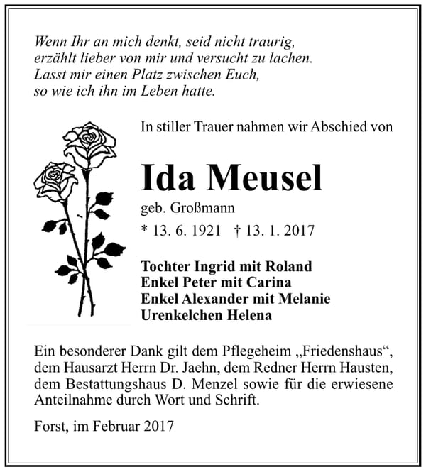 Danksagung Ida Meusel, geb. Großmann