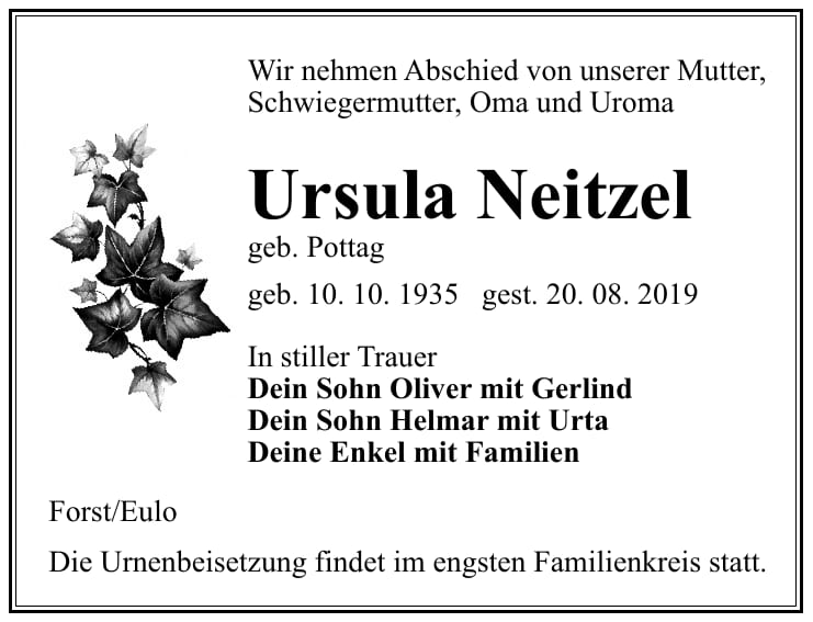 Traueranzeige Ursula Neitzel, geb. Pottag