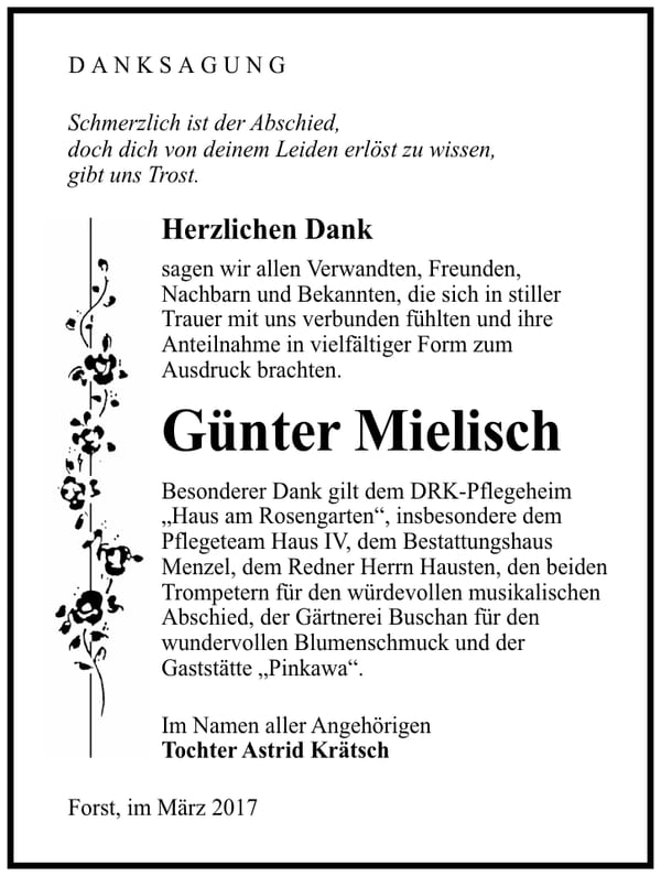 Danksagung Günter Mielisch