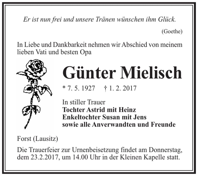Traueranzeige Günter Mielisch