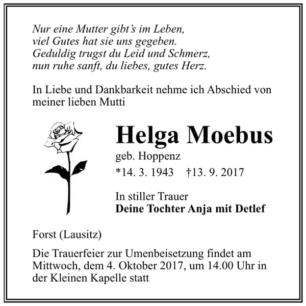 Traueranzeige Helga Moebus, geb. Hoppenz