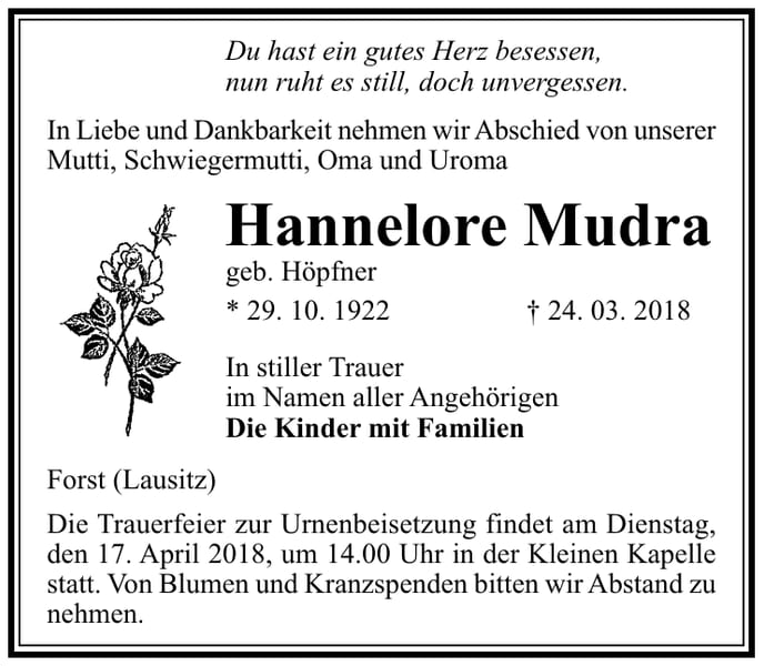 Traueranzeige Hannelore Mudra, geb. Höpfner