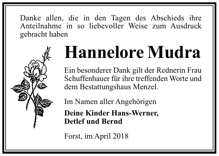 Danksagung Hannelore Mudra