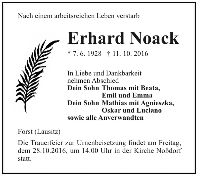 Traueranzeige Erhard Noack