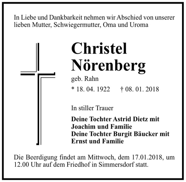 Traueranzeige Christel Nörenberg, geb. Rahn