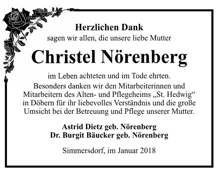Danksagung Christel Nörenberg, geb. Nörenberg