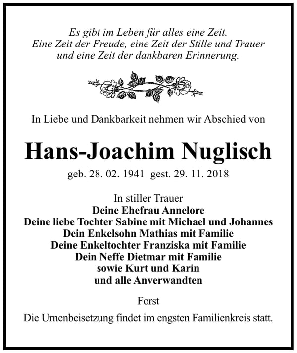 Traueranzeige Hans-Joachim Nuglisch