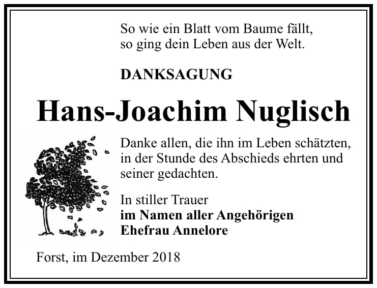 Danksagung Hans-Joachim Nuglisch