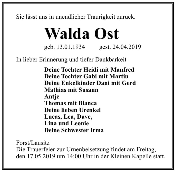 Traueranzeige Walda Ost