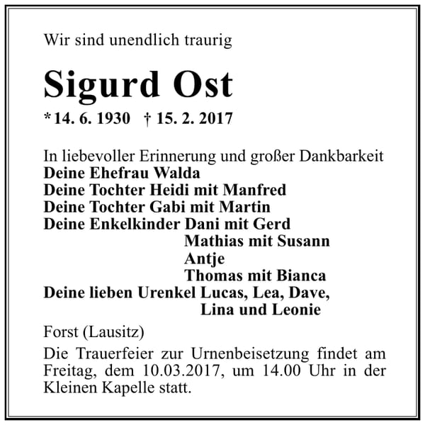 Traueranzeige Sigurd Ost