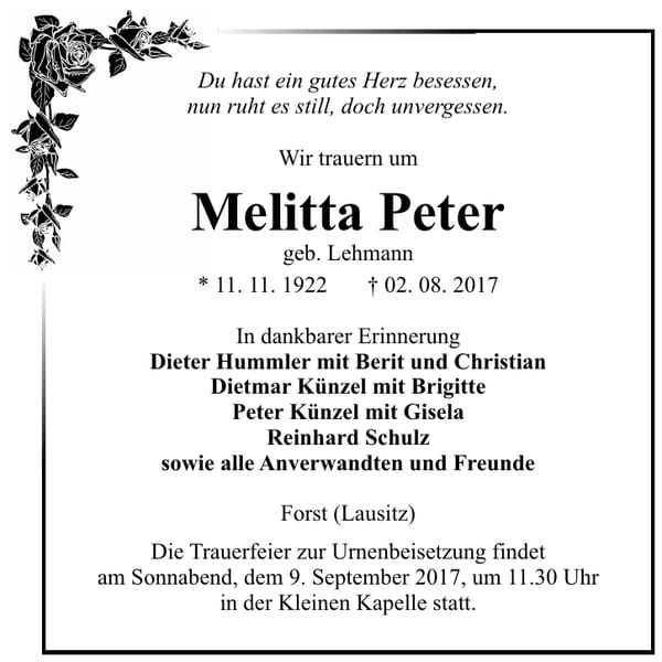 Traueranzeige Melitta Peter, geb. Lehmann