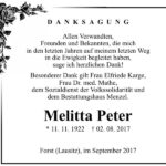 Danksagung Melitta Peter