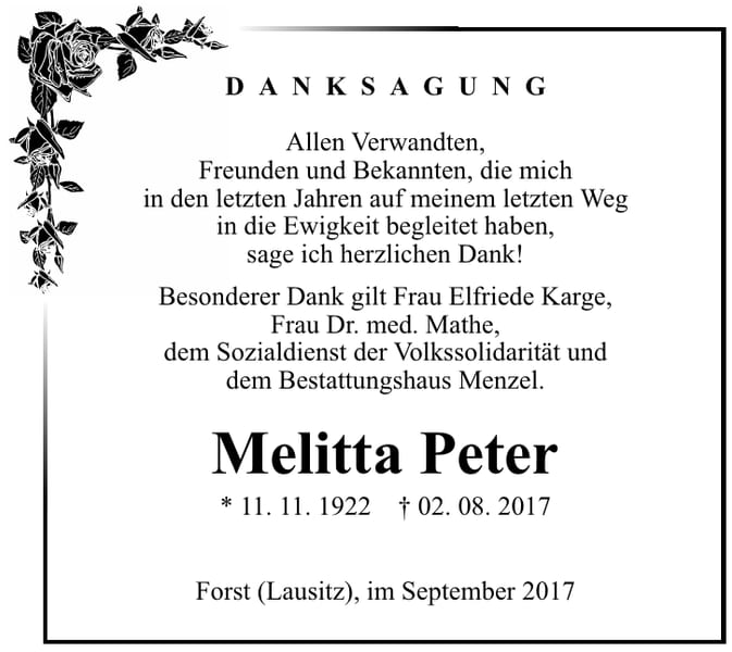 Danksagung Melitta Peter