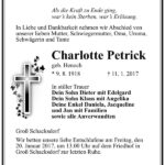 Traueranzeige Charlotte Petrick, geb. Henoch
