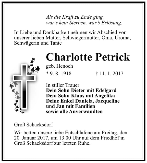 Traueranzeige Charlotte Petrick, geb. Henoch